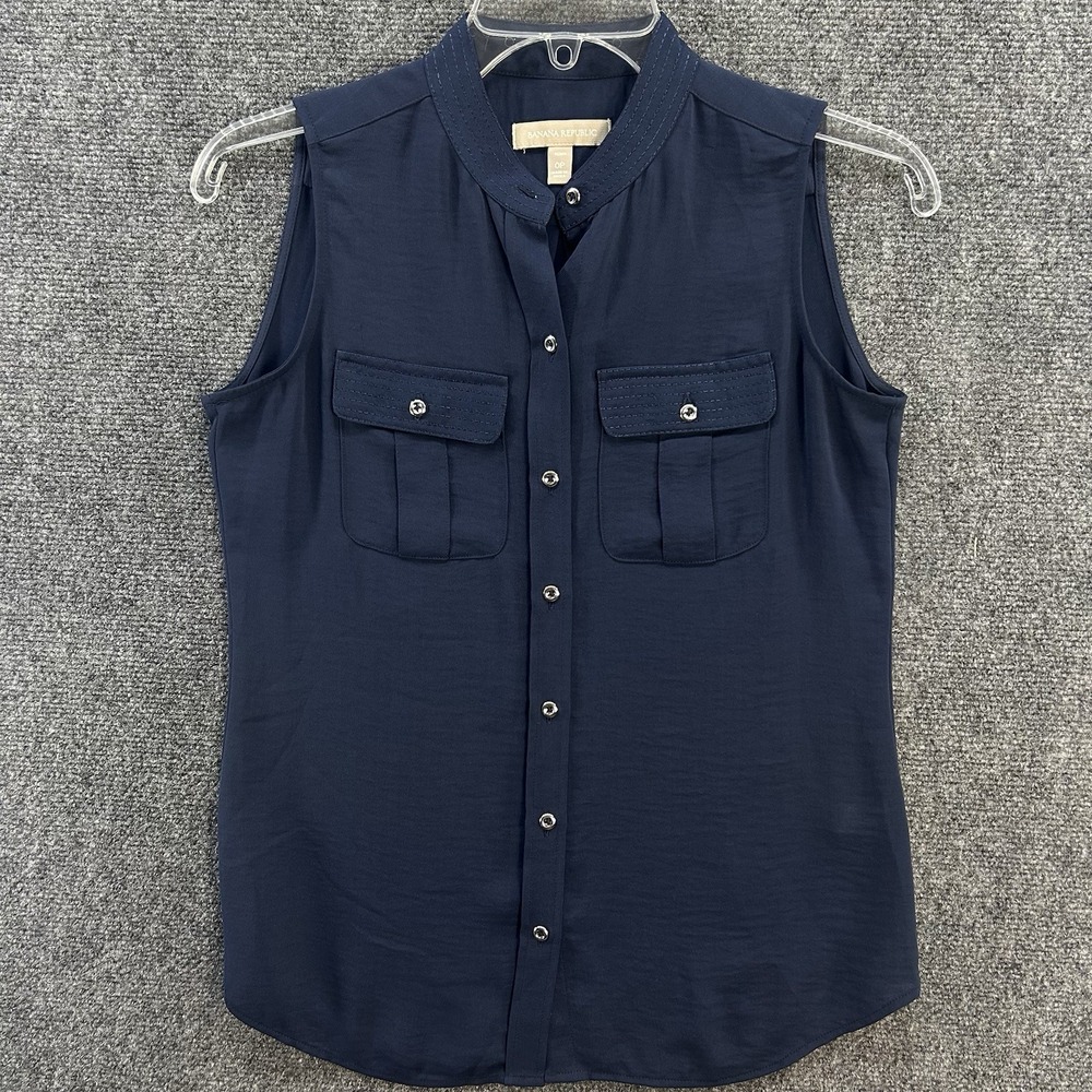 Banana Republic Sleeveless Blouse Sz 0 Petite Navy Button Down Classy Minimalist